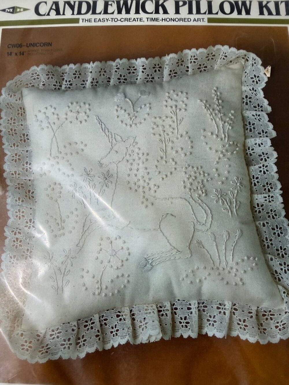 New Sealed Vintage Candlewick Pillow Kit Unicorn Design Lace Edge